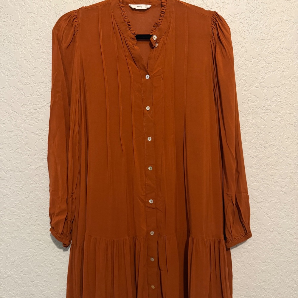 Mango Ruffle Neck Button Down Dress 4 Rust Boho Cottagecore - Picture 3 of 8